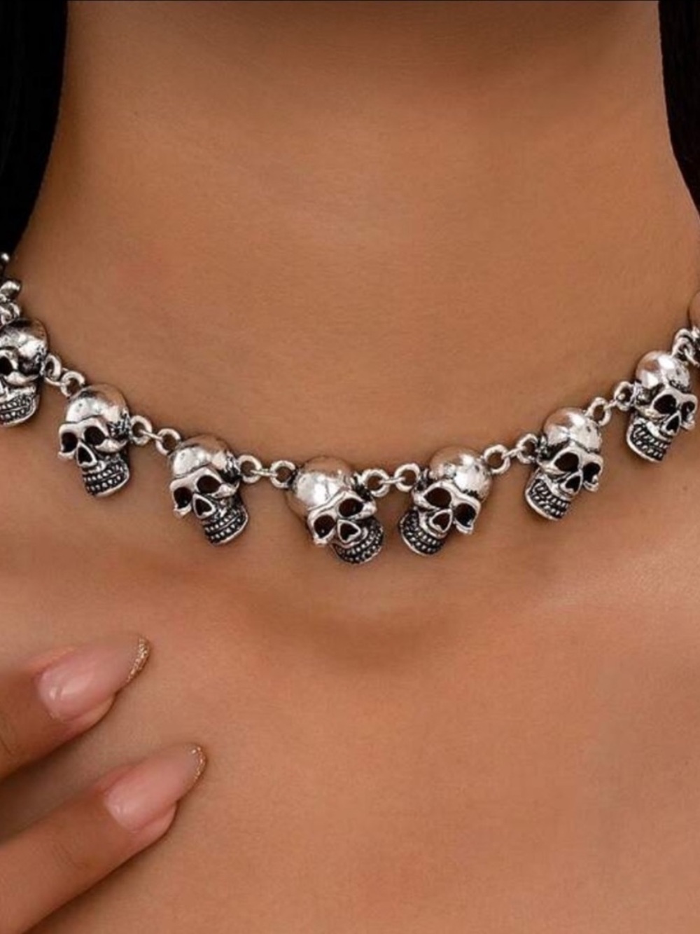 Silver Skull Charm Choker Necklace